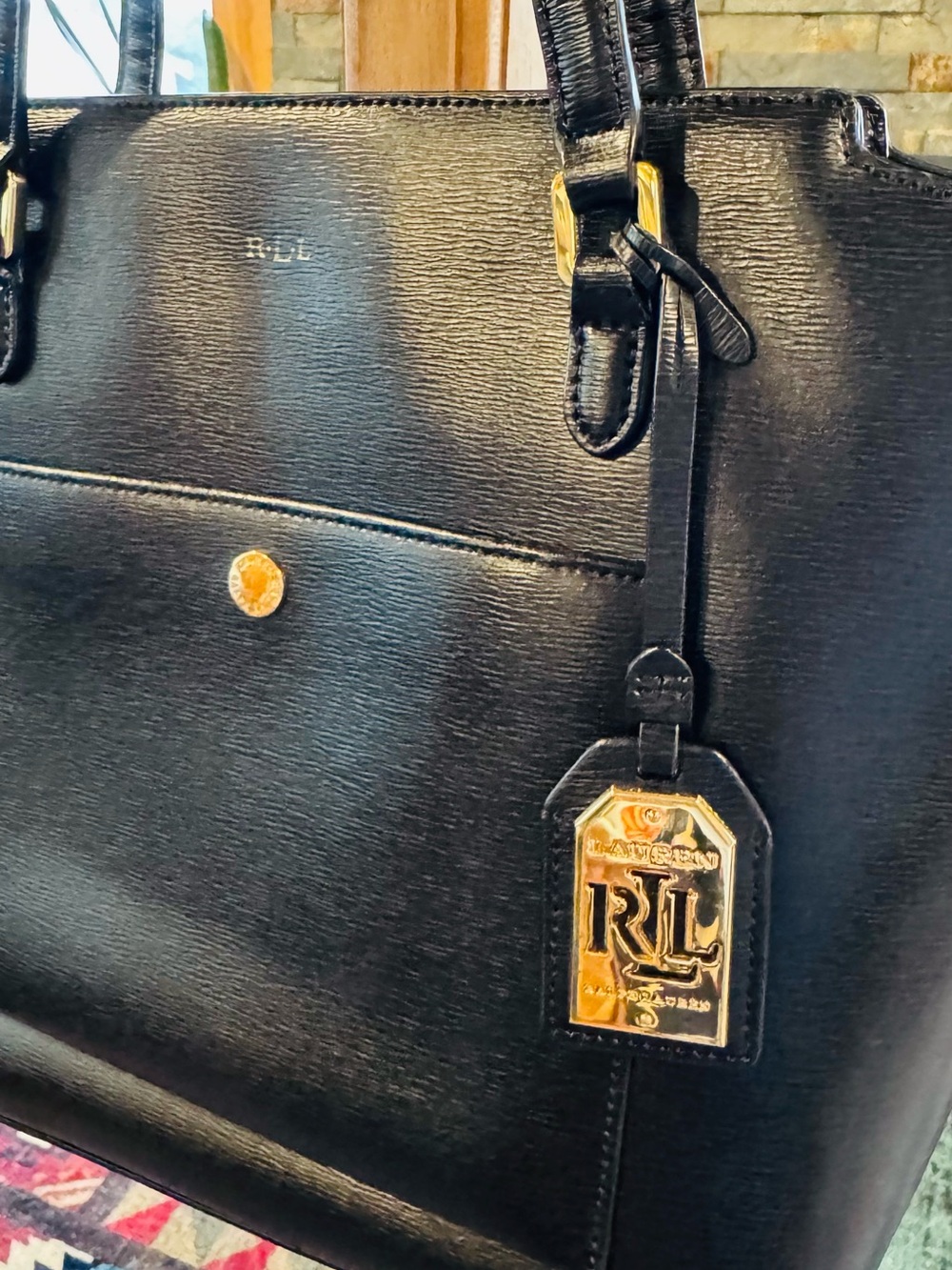 Ralph Lauren Black Leather Tote with Gold Hardware Tag